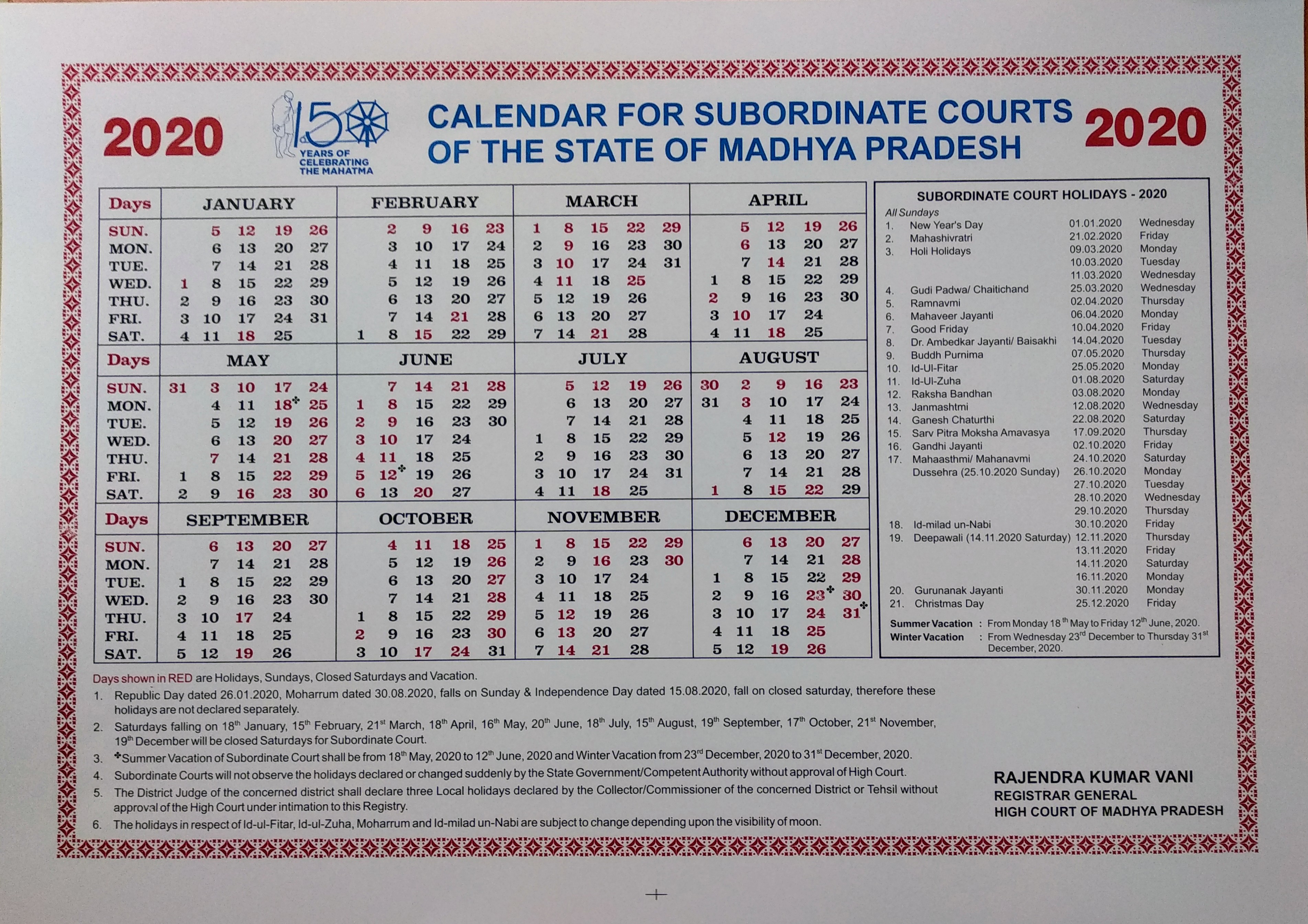 Calendar High Court Of Madhya Pradesh